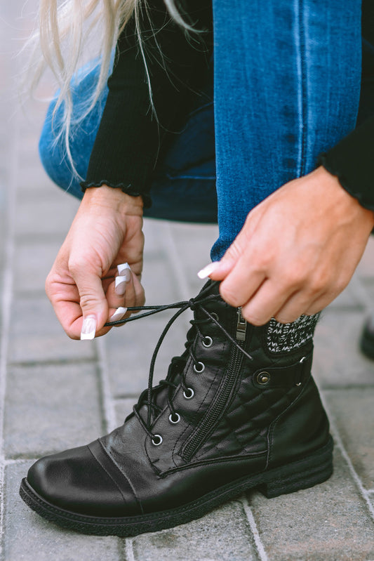 Black Quilted Zipped Lace-up PU Leather Boots