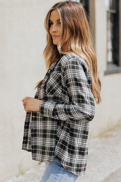 Khaki Drawstring Plaid Hooded Shirt Shacket