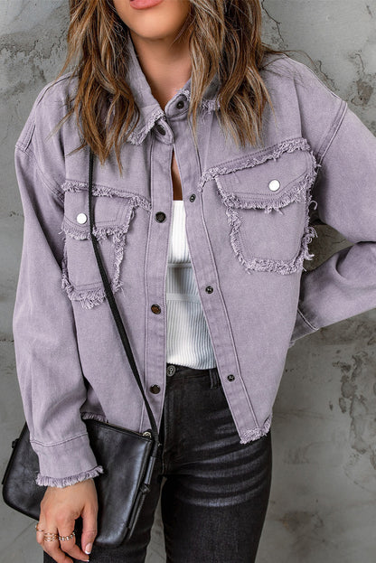 Green Distressed Flap Pockets Frayed Hem Denim Jacket