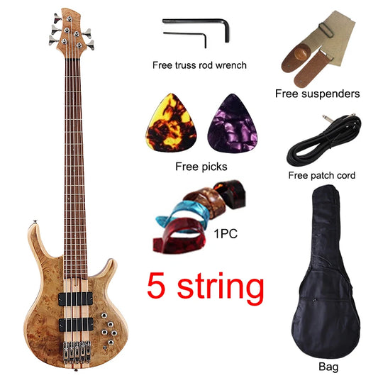 One Piece Tree Burl 5 String Electric Bass Guitar, Solid Okoume Wood Body  43 Inch