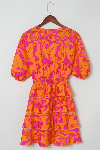 Multicolor Floral Deep V Neck High Waist Ruffle Short Dress