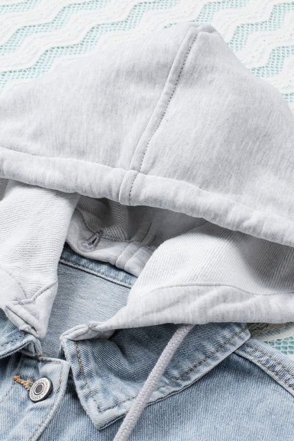 Light Blue Button Up Ripped Hooded Denim Jacket