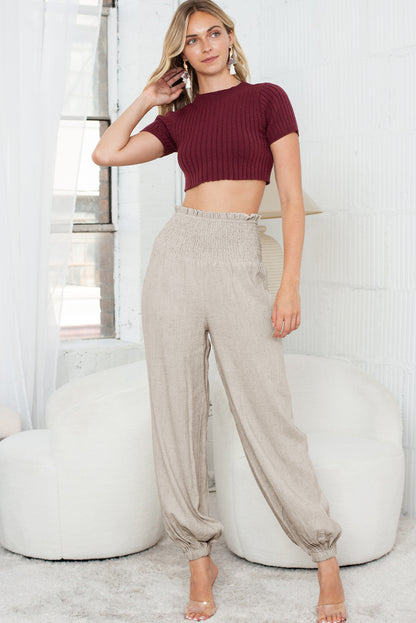 Apricot Smocked High Waist Loose Jogger Pants
