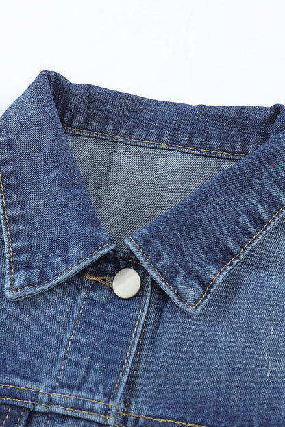 Black Casual Distressed Raw Hem Buttons Denim Jacket