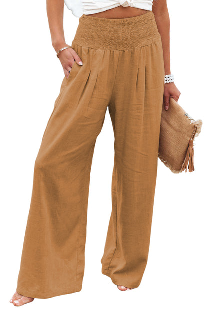 Brown Smocked Wide Waistband High Waist Wide Leg Pants
