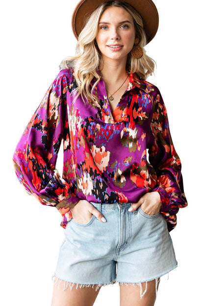 Green Graffiti Colorblock Casual V Neck Puff Sleeve Blouse