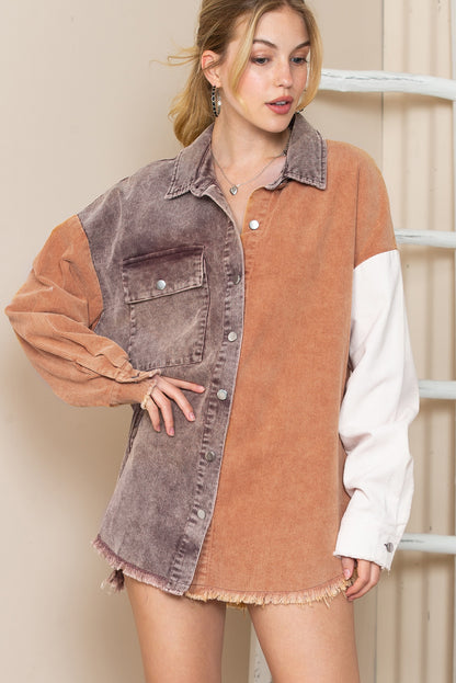 Khaki Color Block Raw Hem Button Up Corduroy Shacket