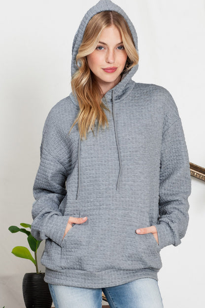 Khaki Lattice Textured Kangaroo Pocket Drawstring Hoodie