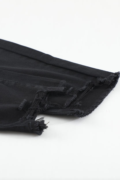 White Plain Buttons Frayed Raw Hem High Waist Denim Jeans