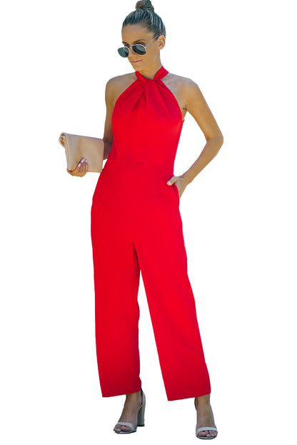Casual Twist Neck Back Cut Out Sleeveless Red Jumpsuit