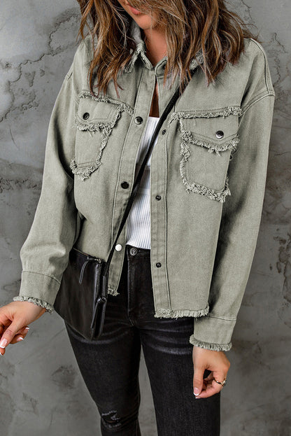 Green Distressed Flap Pockets Frayed Hem Denim Jacket