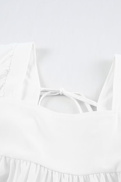 White Square Neck Ruched Casual Short Dress