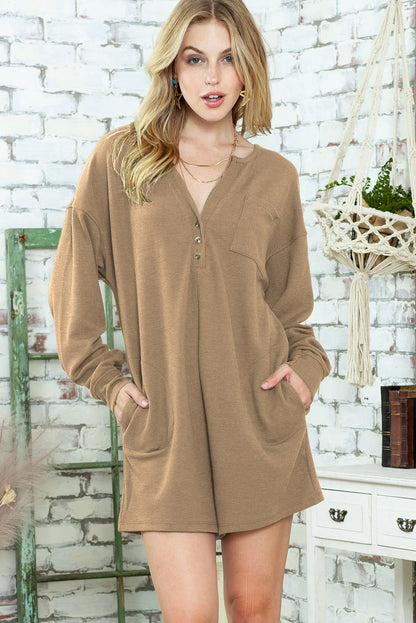 Green Henley V Neck Pocketed Ribbed Romper