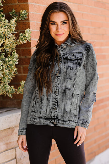Grey Distressed Buttons Washed Denim Jacket