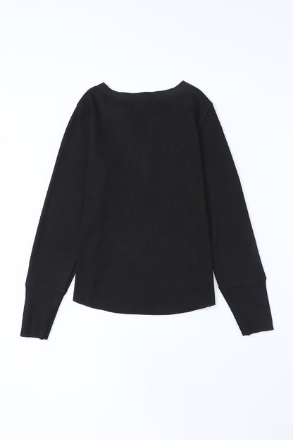 Gray Solid Color Waffle Knit Long Sleeve Henley Shirt