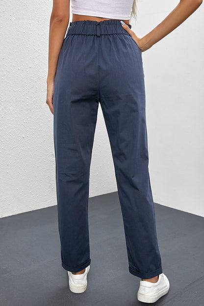 Beige Casual Frill Paper Bag Pocket High Rise Pants