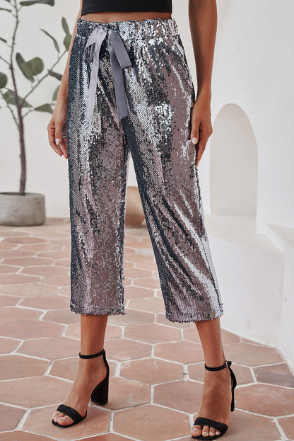 Silver High Waisted Drawstring Cropped Sequin Pants