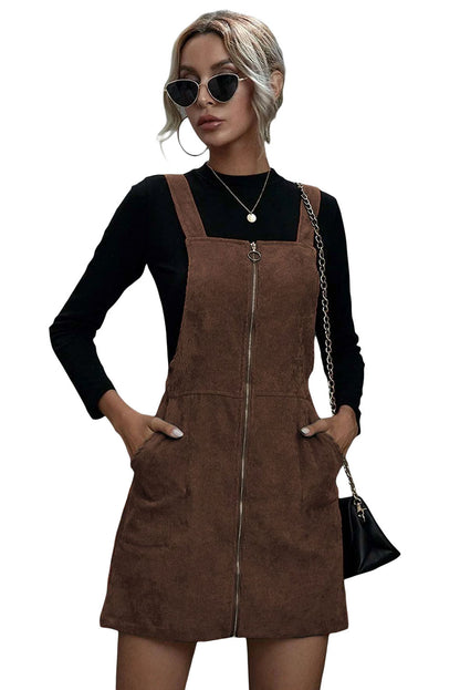 Brown Pockets Zip Up Ribbed Overall Dress