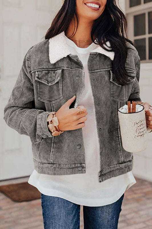 Gray Sherpa Snap Flap Pocket Cropped Corduroy Jacket