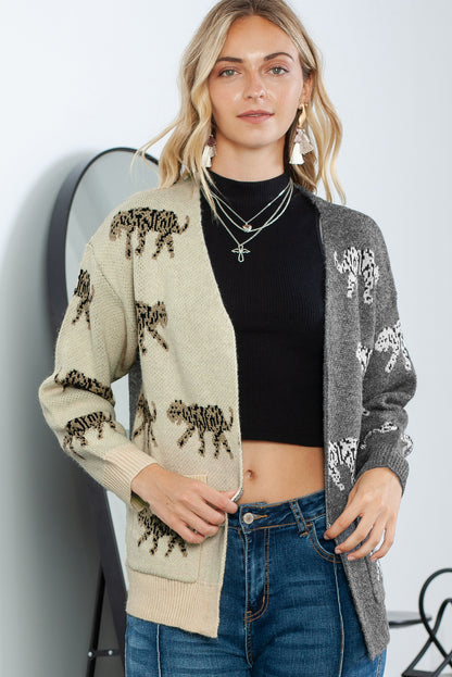 Animal Print Color Block Open Front Knitted Cardigan with Pockets