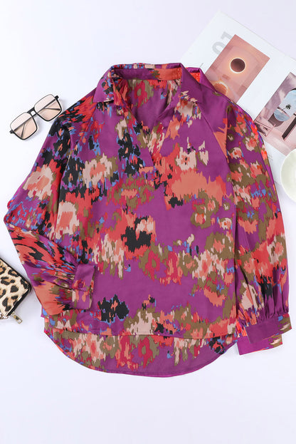 Green Graffiti Colorblock Casual V Neck Puff Sleeve Blouse