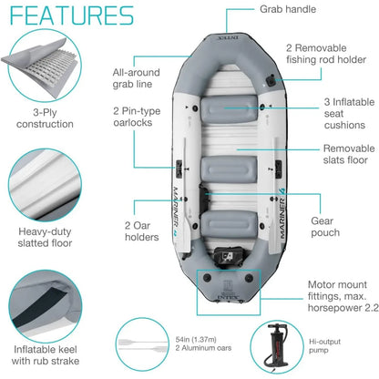 4-Person Inflatable Boat Set with Aluminum Oars and High Output Air Pump for Fishing and Boating in Rivers and Lakes