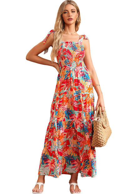 Multicolor Boho Tropical Print Smocked Ruffle Tiered Maxi Dress