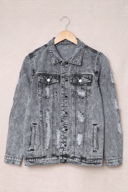 Grey Distressed Buttons Washed Denim Jacket