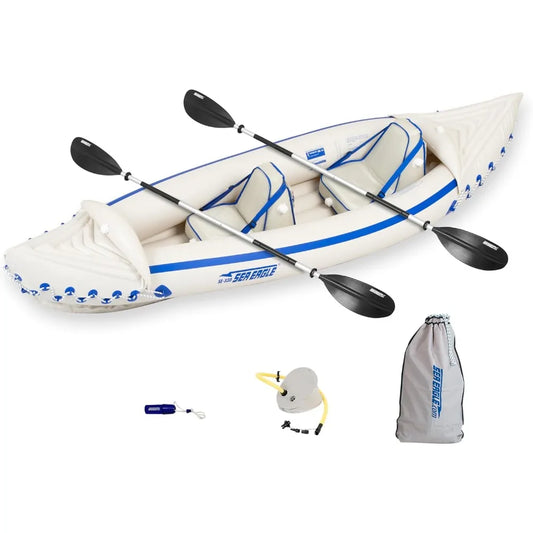 SE330 Two Person Inflatable Sport Kayak Boat with Seats, Paddles, and Lightweight Bag