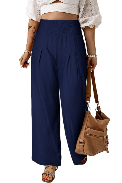 Brown Smocked Wide Waistband High Waist Wide Leg Pants