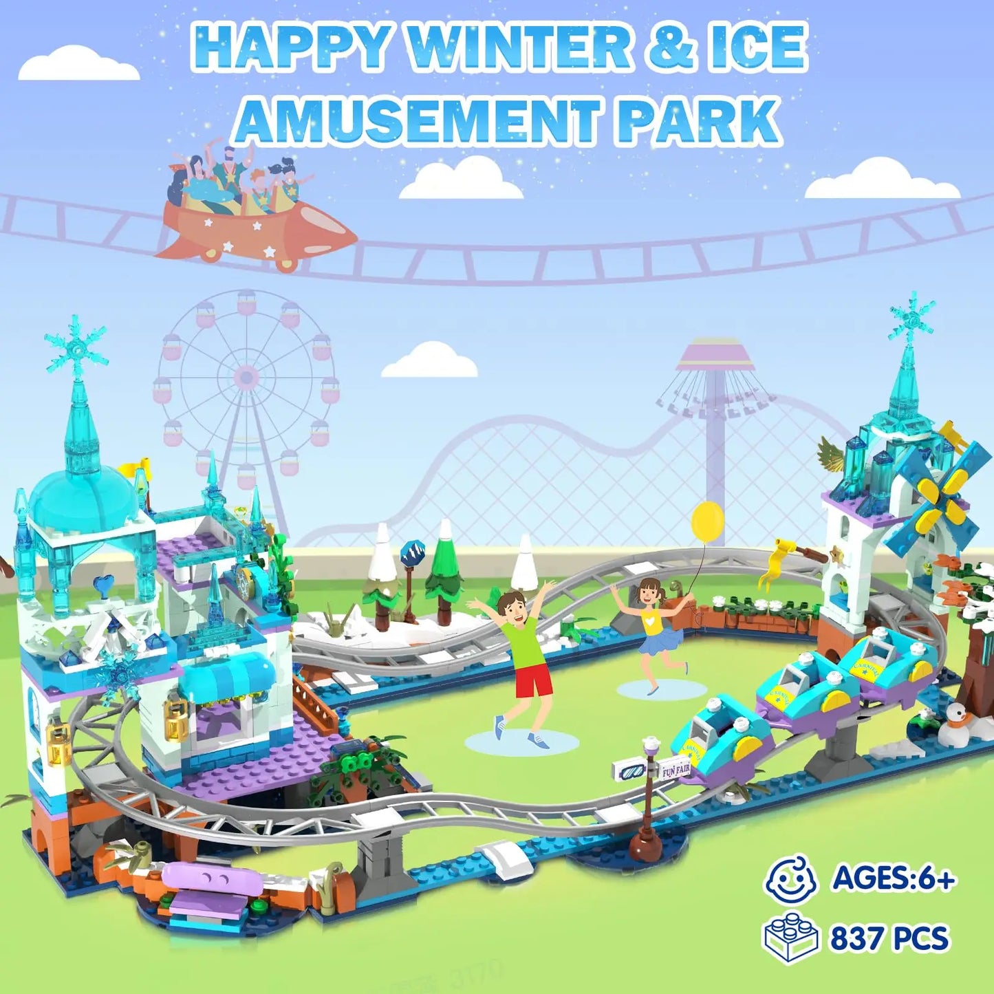 Frozen Roller Coaster Building Set with LED-City Ice Snow Amusement Park Rollercoaster Toy