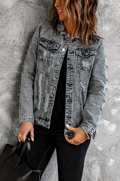 Grey Distressed Buttons Washed Denim Jacket