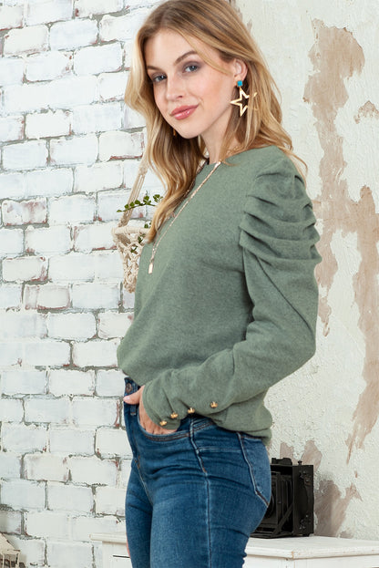 Green Basic Buttoned Puff Long Sleeve Sheath Top