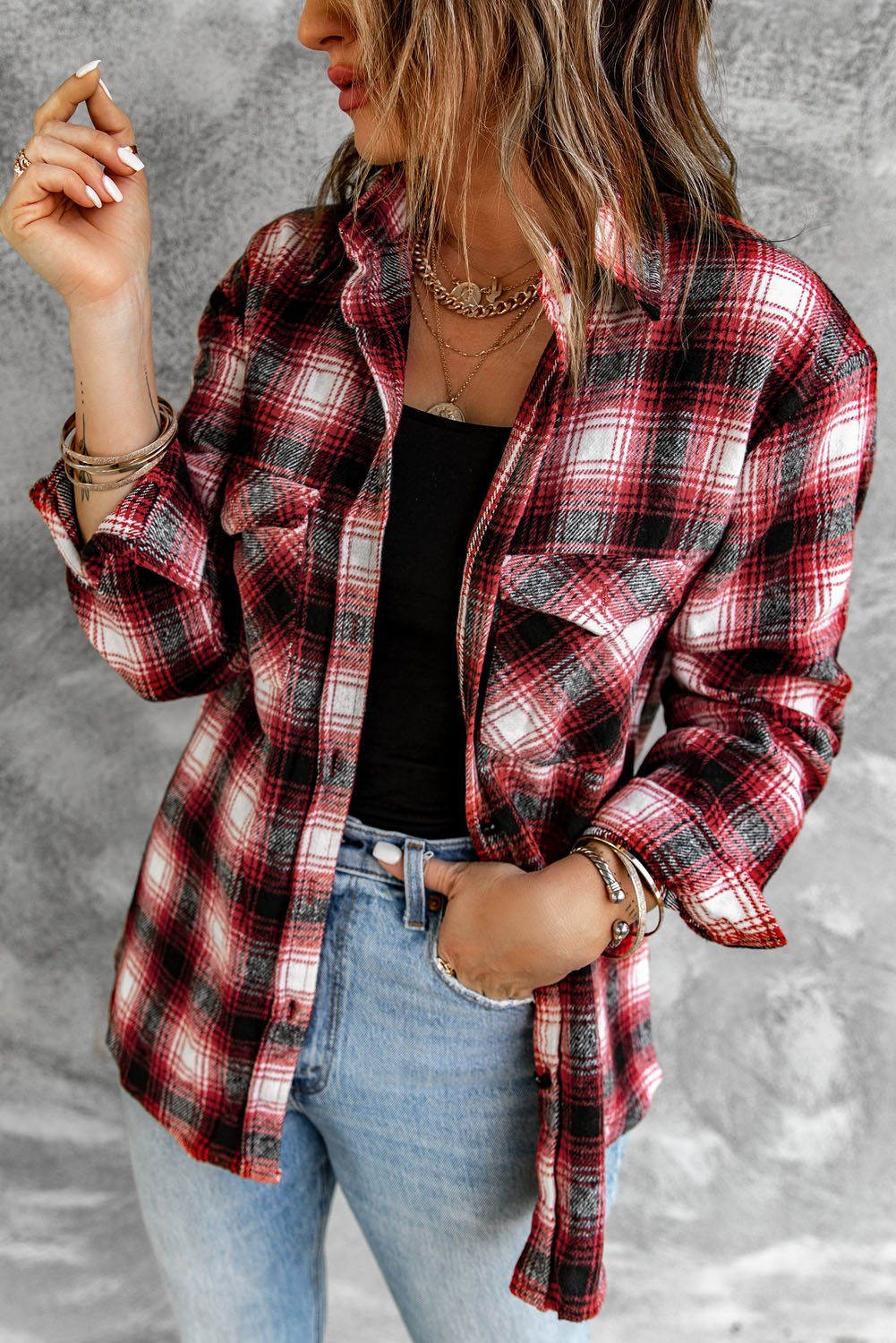 Black Button Up Collared Plaid Shacket