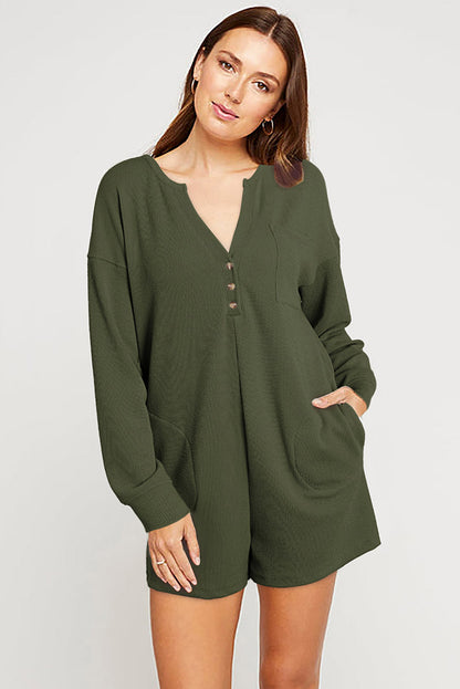 Green Henley V Neck Pocketed Ribbed Romper