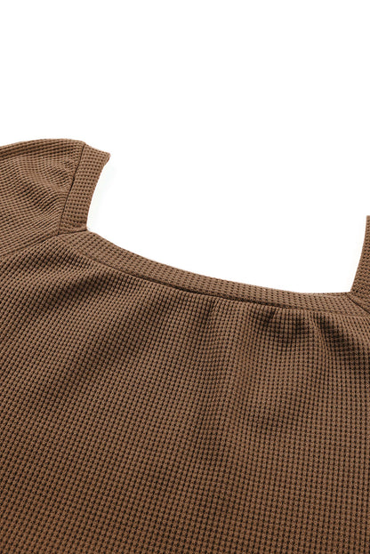 Pink Waffle Texture Casual Square Neck Pullover Top