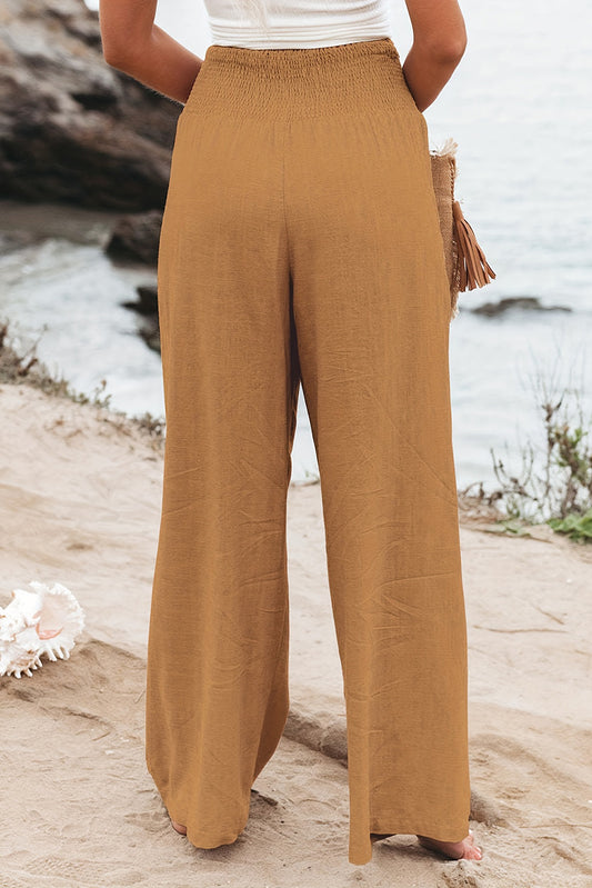 Brown Smocked Wide Waistband High Waist Wide Leg Pants