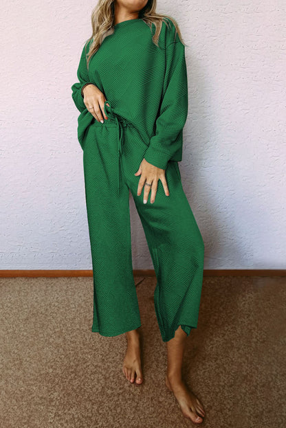 Dark Brown Textured Loose Slouchy Long Sleeve Top and Pants Set