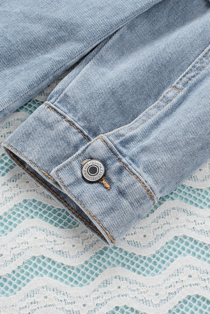 Light Blue Button Up Ripped Hooded Denim Jacket