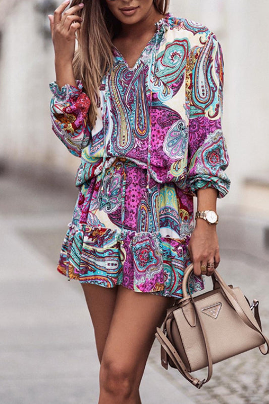 Multicolor Abstract Print Casual V Neck Short Dress