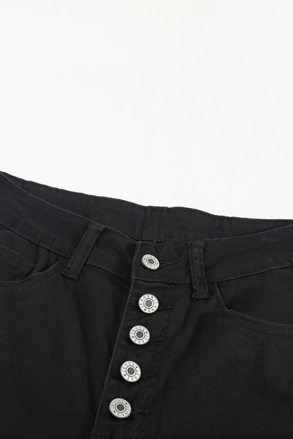 White Plain Buttons Frayed Raw Hem High Waist Denim Jeans