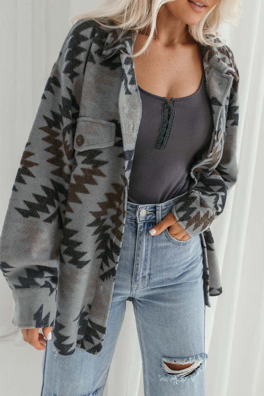 Gray Geometric Print Drop Shoulder Casual Shacket