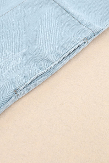Light Blue Flap Pocket Buttoned Raw Hem Denim Shacket