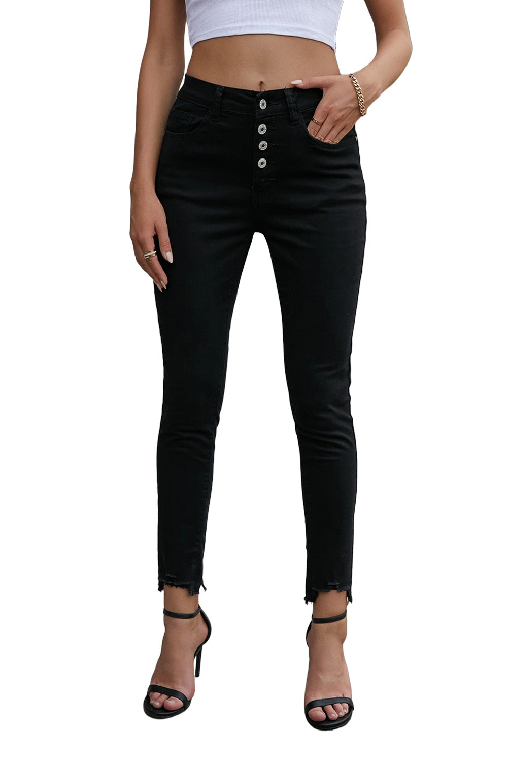 White Plain Buttons Frayed Raw Hem High Waist Denim Jeans
