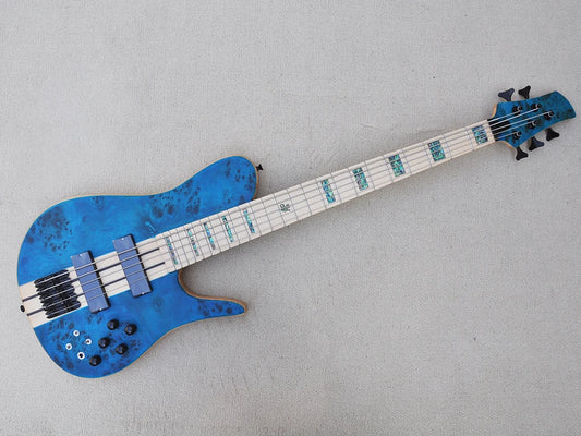 Blue 5 Strings Neck-thru-body Electric Bass Guitar with Burl Maple Veneer
