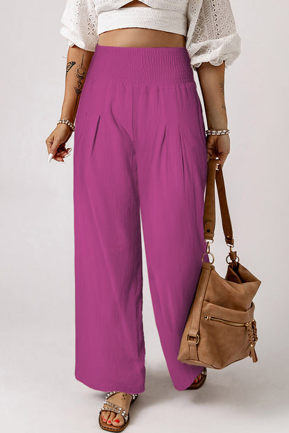 Brown Smocked Wide Waistband High Waist Wide Leg Pants