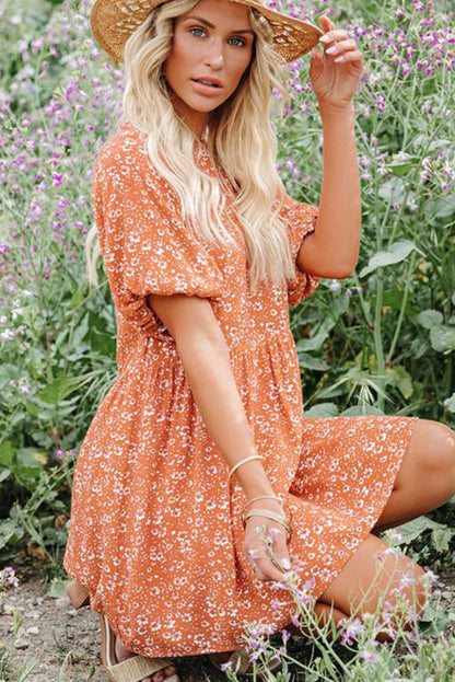 Orange Floral Boho Bishop Sleeve Short Dress