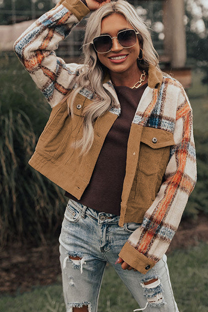 Khaki Plaid Corduroy Flap Pockets Boxy Chunky Jacket