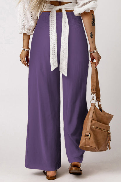 Brown Smocked Wide Waistband High Waist Wide Leg Pants