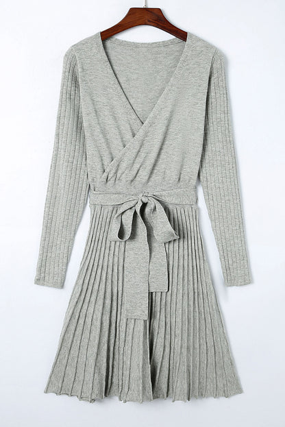 Brown Belted Wrap V Neck Ribbed Pleated Sweater Dress